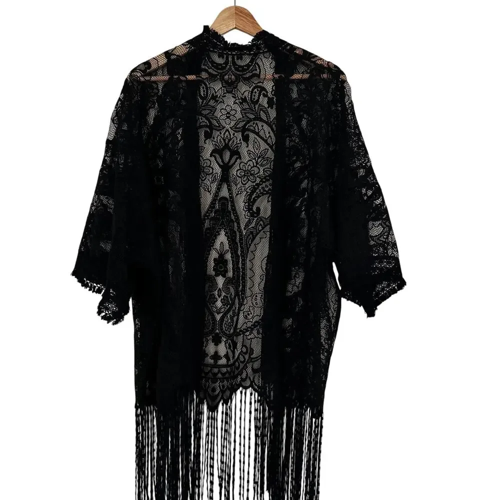 Womens Black Lace Kimono Fringe Shawl Sheer Boho Whimsigoth Layering One Size
